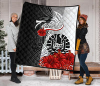 Tahiti Polynesian Premium Quilt - Coat Of Arm With Hibiscus White - Polynesian Pride
