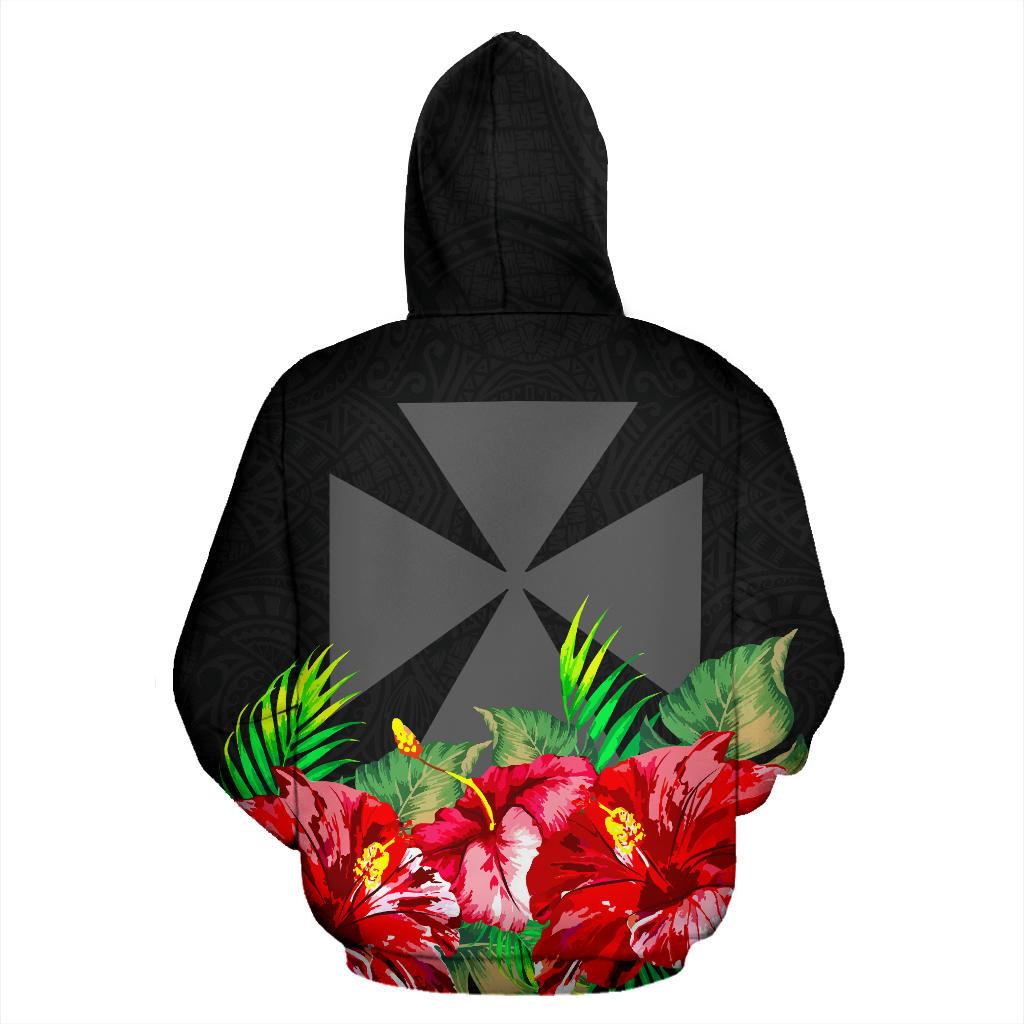 Wallis and Futuna Polynesian Zip Hoodie Black Hibiscus - Polynesian Pride