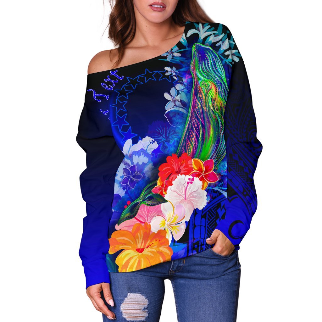 Cook Islands Custom Personalised Women's Sweater - Humpback Whale with Tropical Flowers (Blue) Blue - Polynesian Pride