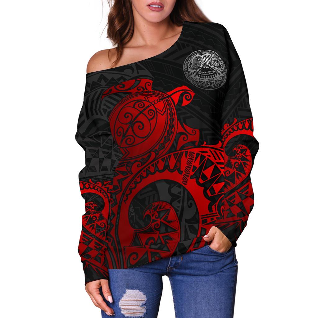 American Samoa Polynesian Off Shoulder Sweater (Women) - Polynesian Turtle (Full Red) - Polynesian Pride