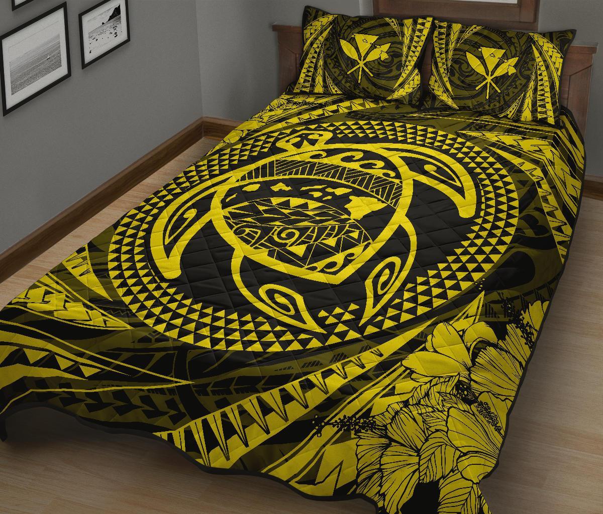 Hawaiian Kanaka Honu Hibiscus Tornando Yellow Polynesian Quilt Bed Set - Polynesian Pride
