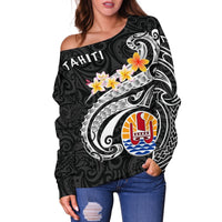 Tahiti Women's Off Shoulder Sweater - Tahiti Seal Polynesian Patterns Plumeria (Black) - Polynesian Pride
