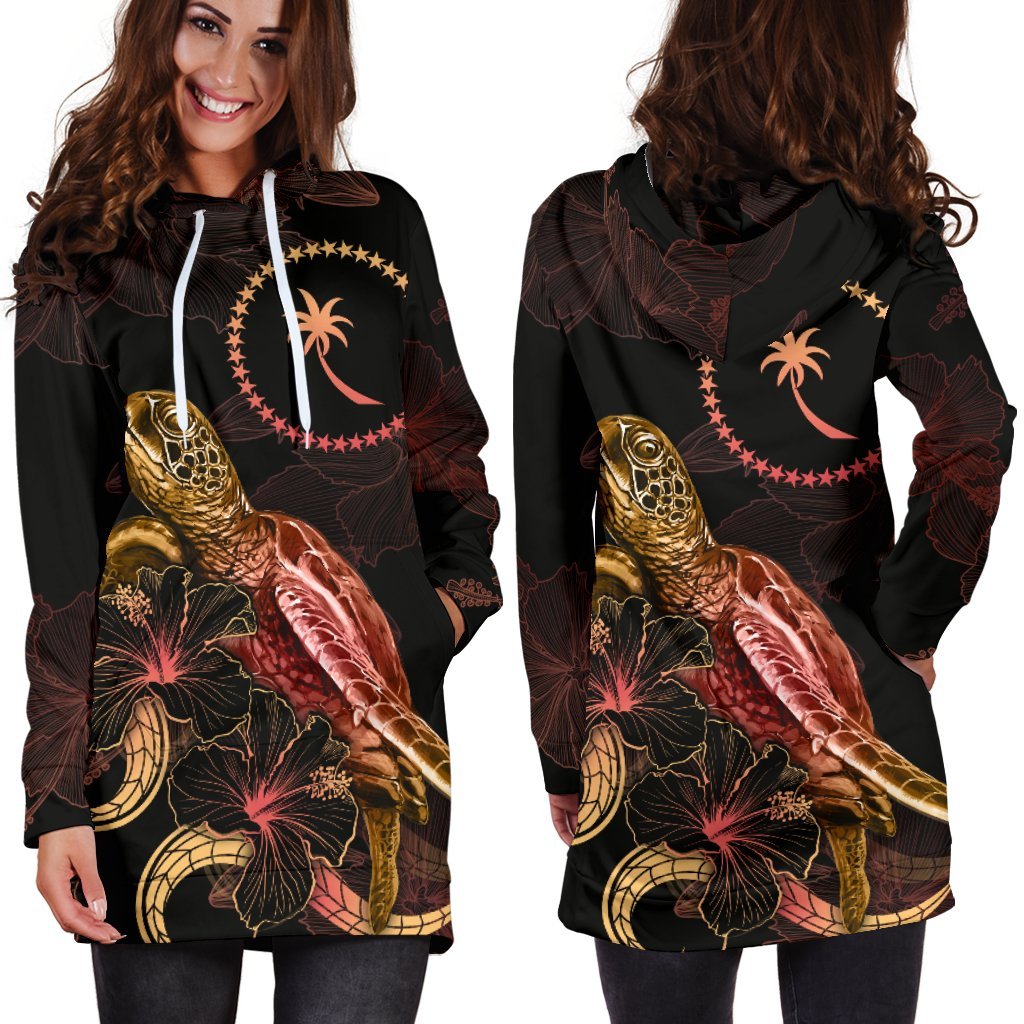 Chuuk Polynesian Hoodie Dress - Turtle With Blooming Hibiscus Gold - Polynesian Pride