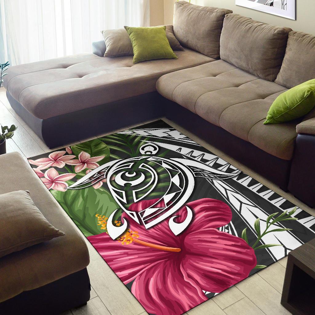 Hawaii Polynesian Turtle Tropical Hibiscus Plumeria Rug - Gray - Polynesian Pride