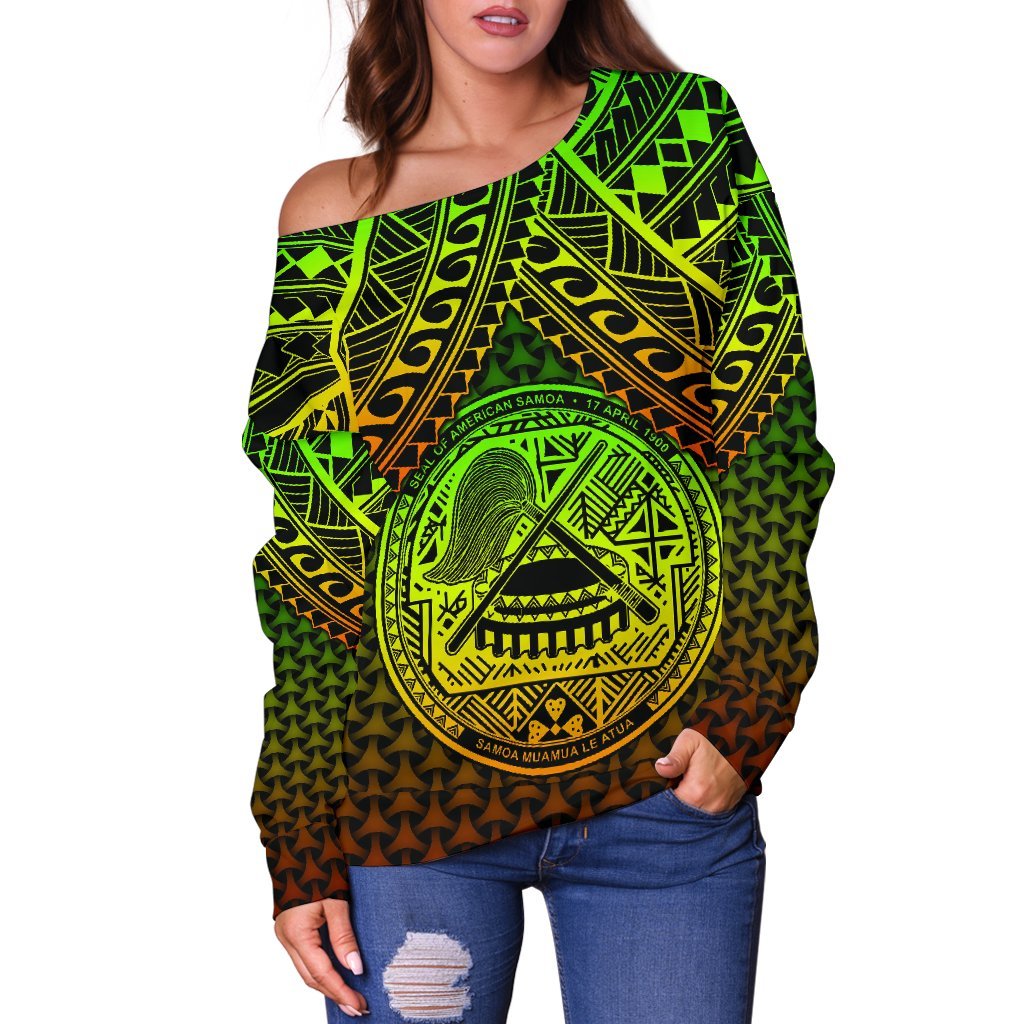 Polynesian American Samoa Personalised Women's Off Shoulder Sweater - Reggae Vintage Polynesian Patterns - Polynesian Pride