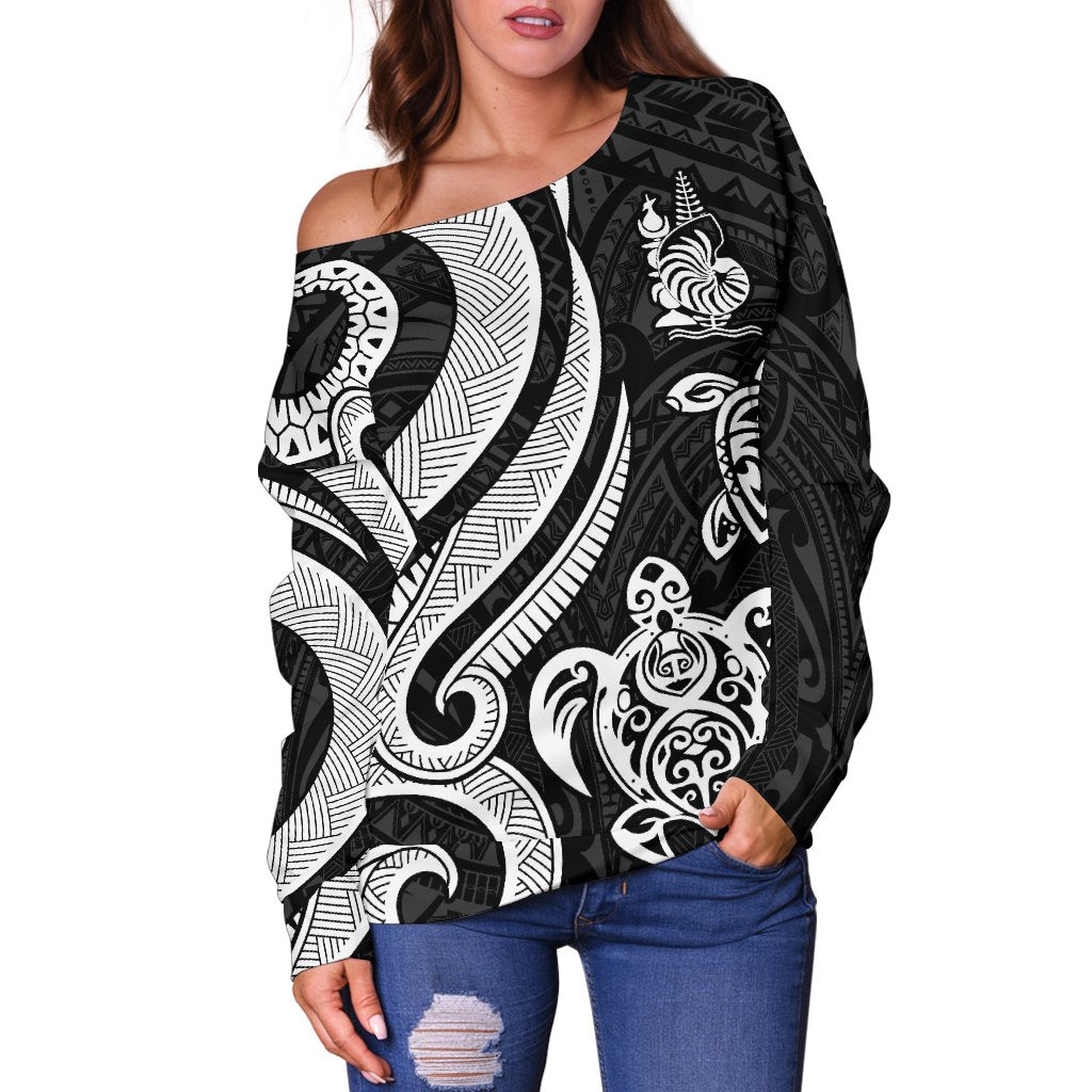 New Caledonia Women's Off Shoulder Sweater - White Tentacle Turtle - Polynesian Pride