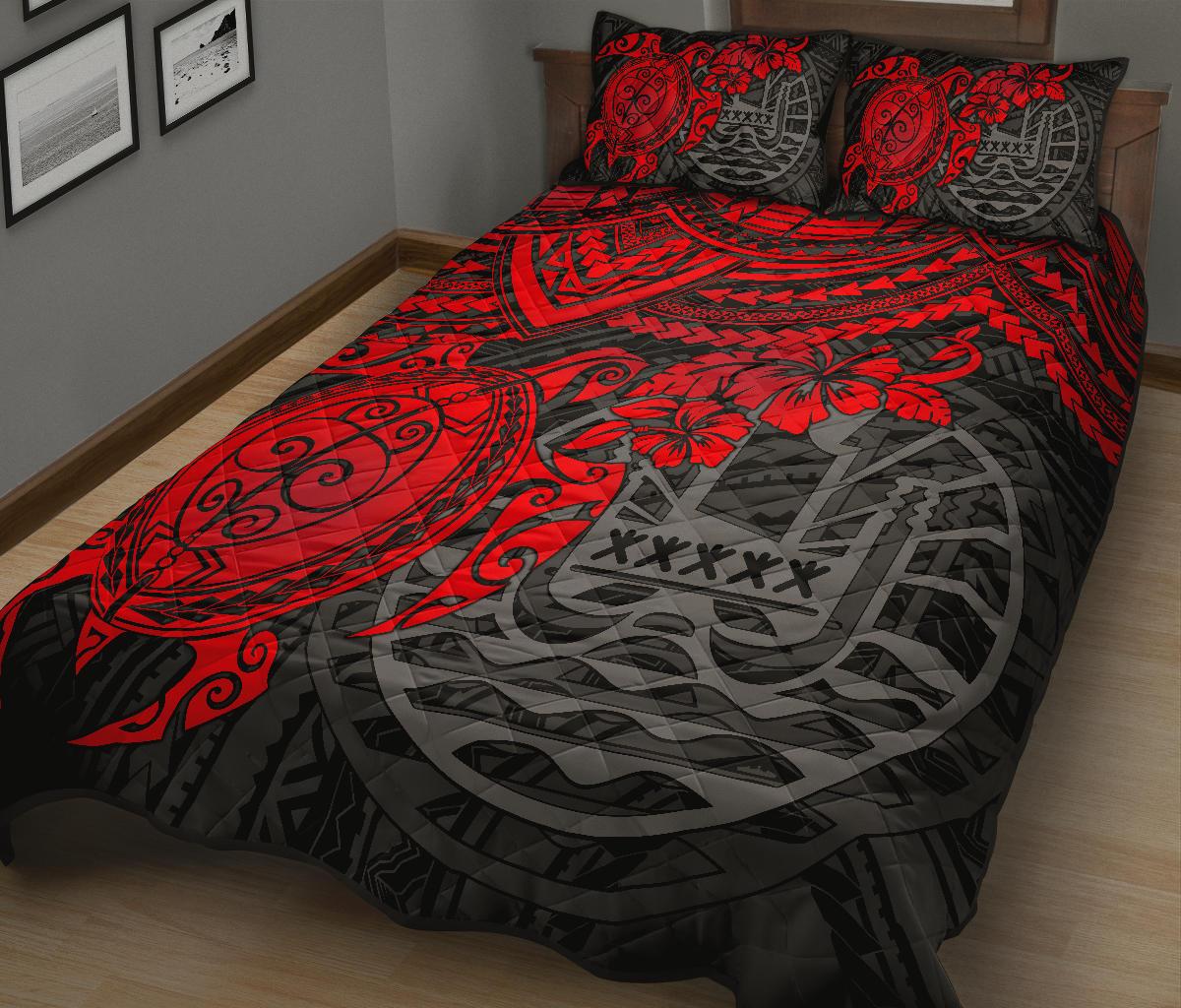 Tahiti Polynesian Quilt Bed Set - Tahiti Flag & Red Turtle Hibiscus Premium - Polynesian Pride