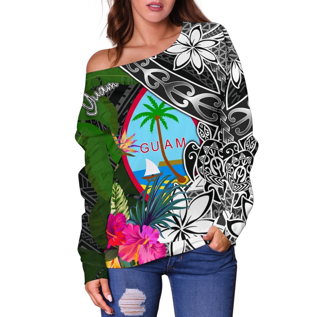 Guam Off Shoulder Sweater - Turtle Plumeria Banana Leaf - Polynesian Pride