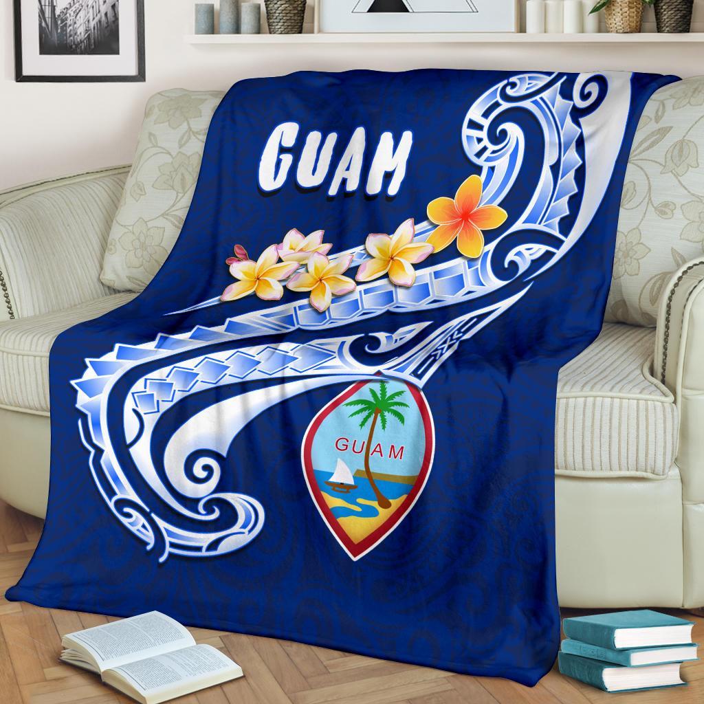 Guam Premium Blanket - Guam Seal Polynesian Patterns Plumeria (Blue) White - Polynesian Pride