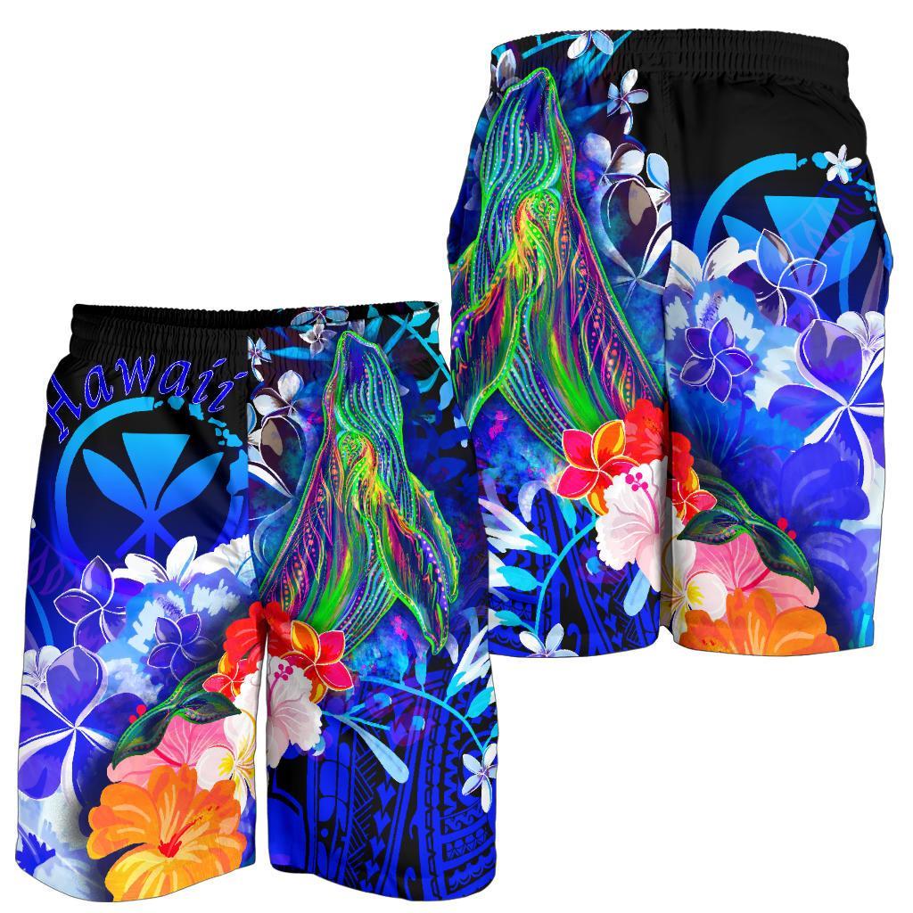 Polynesian Hawaii Men's Shorts - Kanaka Maoli Humpback Whale with Tropical Flowers (Blue) - Polynesian Pride