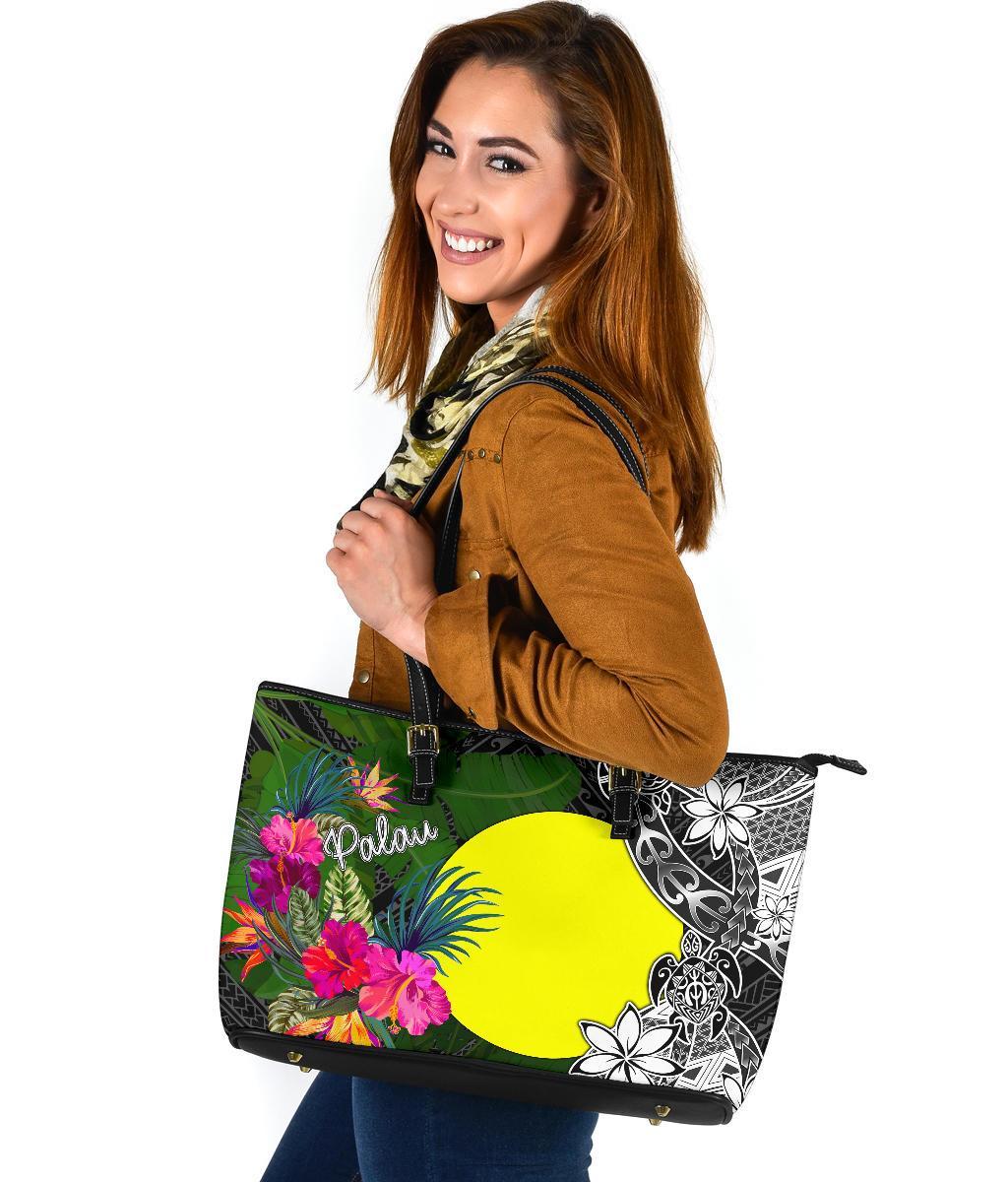 Palau Large Leather Tote Bag - Turtle Plumeria Banana Leaf Black - Polynesian Pride