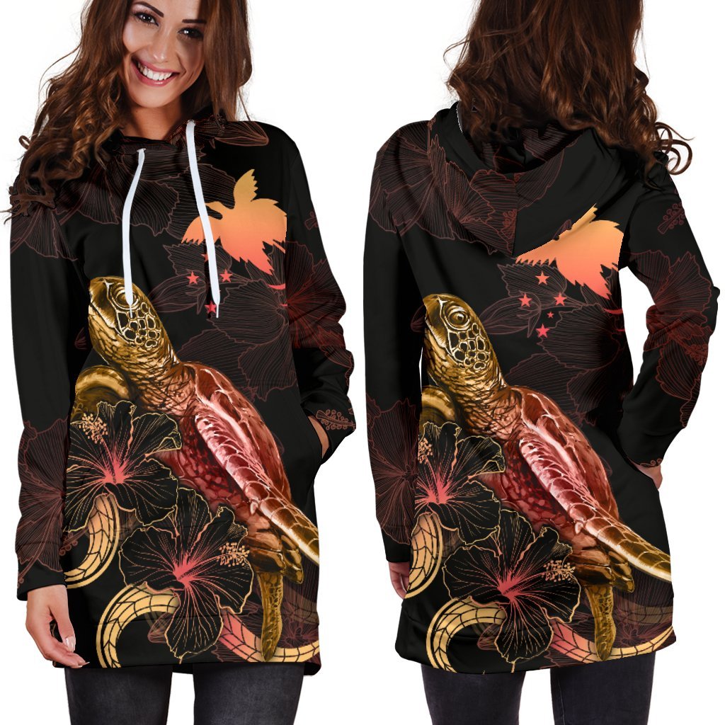 Papua New Guinea Polynesian Hoodie Dress - Turtle With Blooming Hibiscus Gold - Polynesian Pride