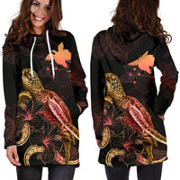 Papua New Guinea Polynesian Hoodie Dress - Turtle With Blooming Hibiscus Gold - Polynesian Pride