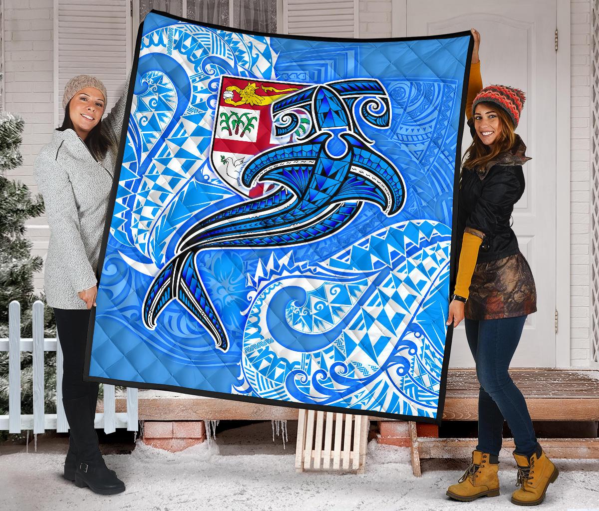 Fiji Premium Quilt - Blue Shark Polynesian Tattoo - Polynesian Pride