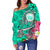 Hawaii Polynesian Women's Off Shoulder Sweater - Hawaii Seal With Turtle Plumeria (Turquoise) - Polynesian Pride