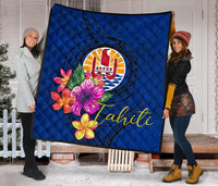 Tahiti Polynesian Premium Quilt - Floral With Seal Blue - Polynesian Pride