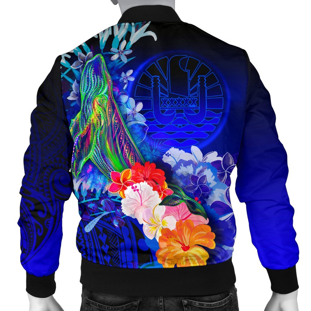 Tahiti Men's Bomber Jacket - Humpback Whale with Tropical Flowers (Blue) - Polynesian Pride