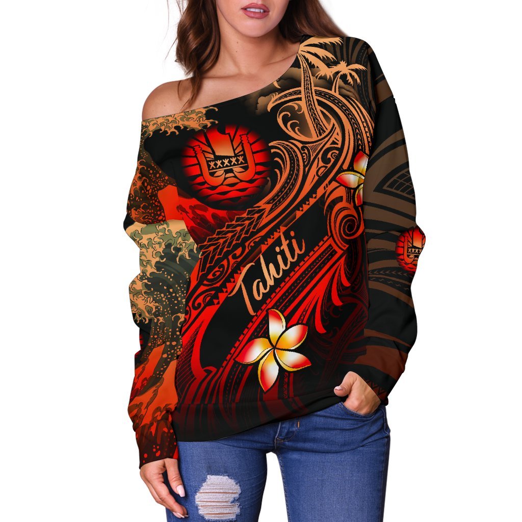 Tahiti Polynesian Women's Off Shoulder Sweater - Plumeria Flowers And Waves - Polynesian Pride