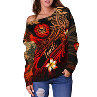 Tahiti Polynesian Women's Off Shoulder Sweater - Plumeria Flowers And Waves - Polynesian Pride