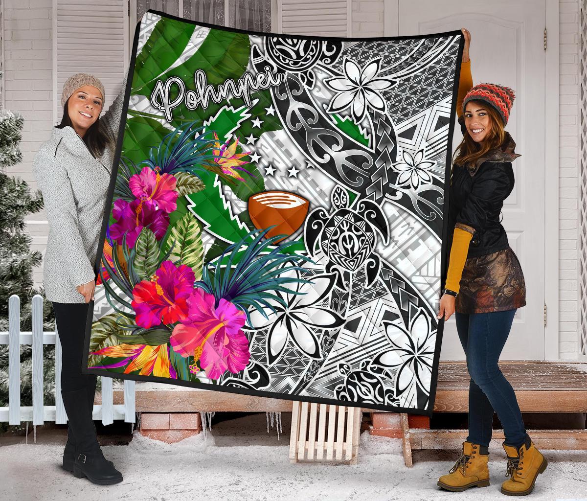 Pohnpei Premium Quilt White - Turtle Plumeria Banana Leaf - Polynesian Pride