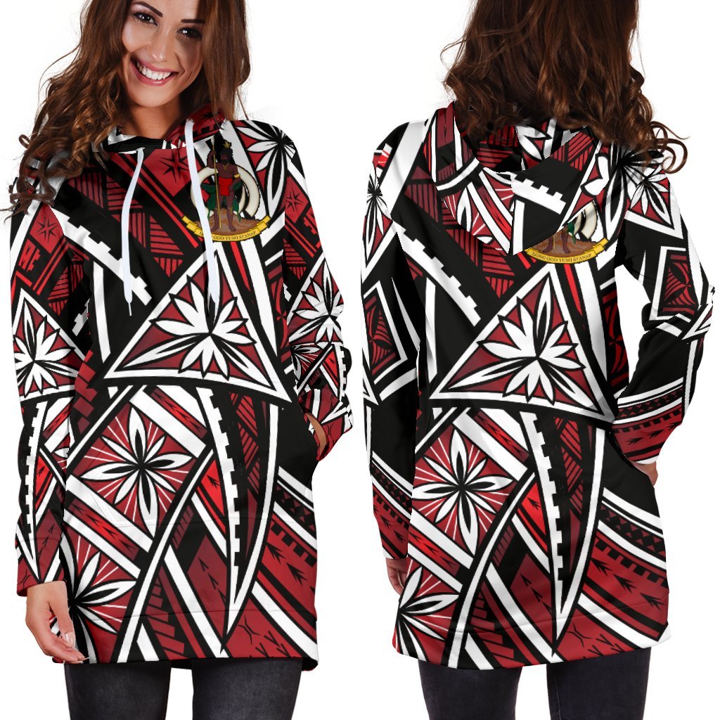 Vanuatu Women's Hoodie Dress - Tribal Flower Special Pattern Red Color Red - Polynesian Pride