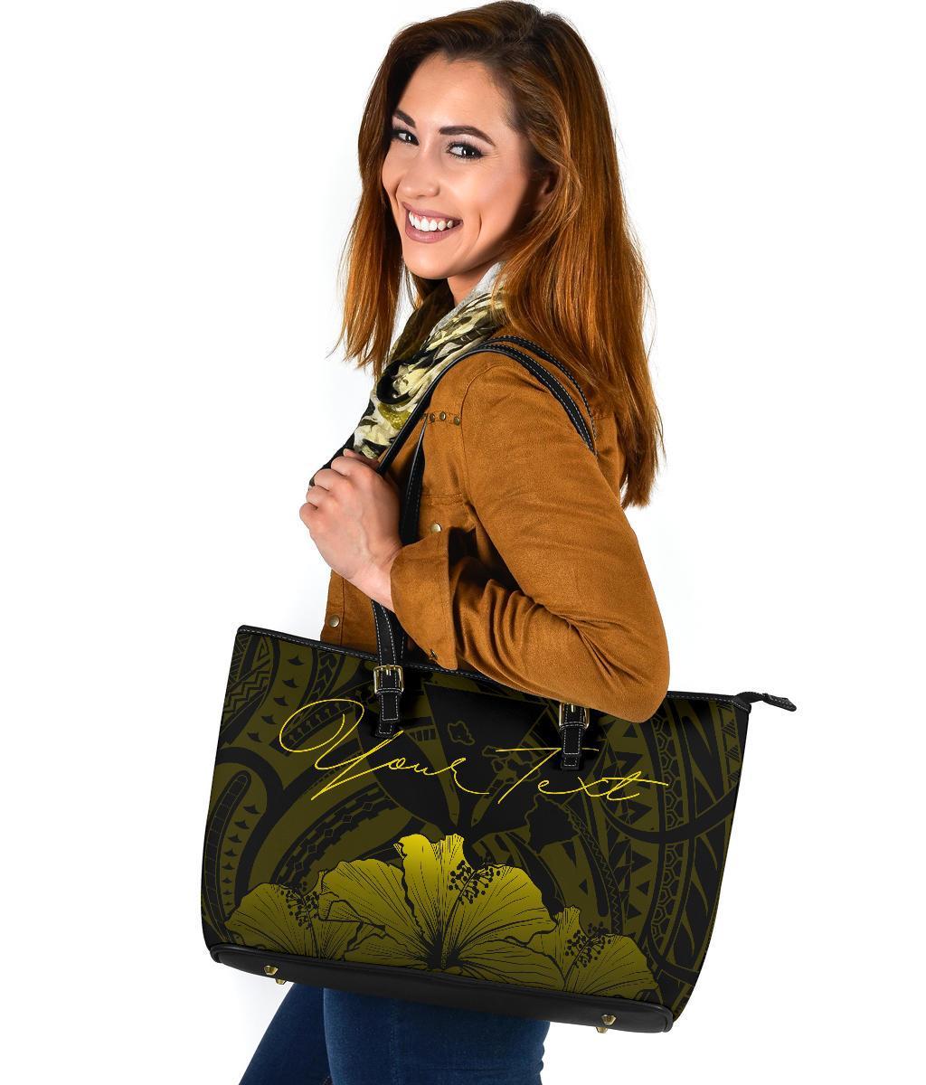 Personalised - Hawaii Royal Hibiscus Polynesian Tribal Large Leather Tote Bag Yellow AH - Polynesian Pride