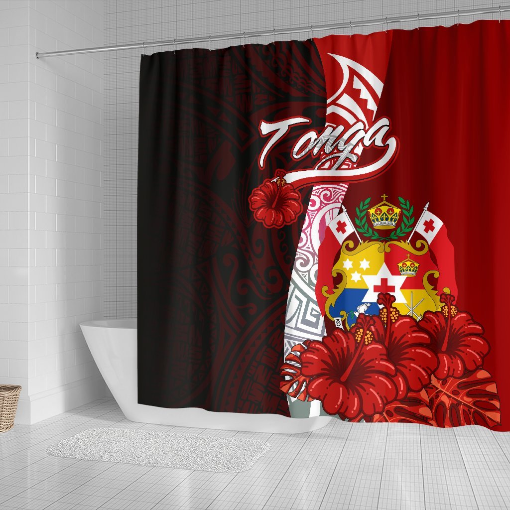 Tonga Polynesian Shower Curtain - Coat Of Arm With Hibiscus - Polynesian Pride