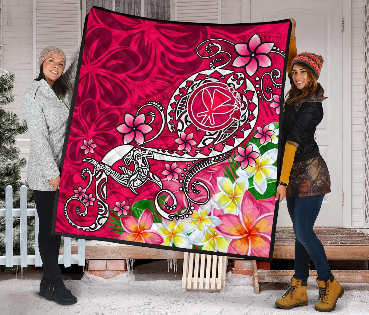 Hawaii Premium Quilt - Turtle Plumeria Polynesian Tattoo Pink Color - Polynesian Pride