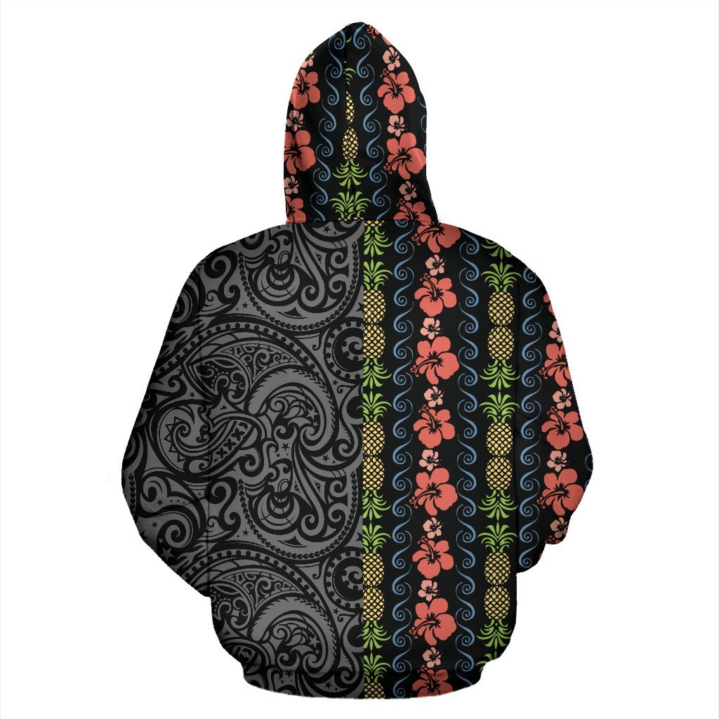 Hawaii Zip up Hoodie Hibiscus Flower Pineapple Polynesian Tattoo Half - Polynesian Pride