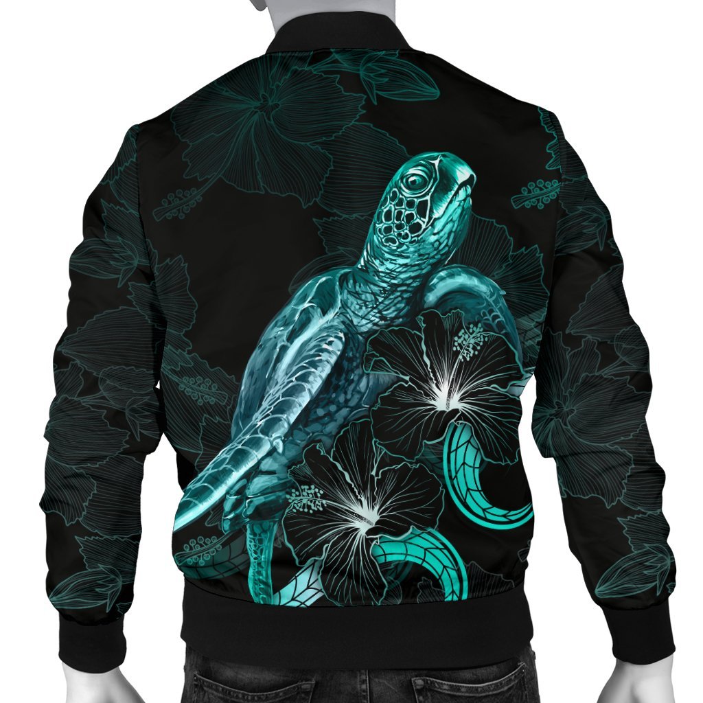 New Caledonia Polynesian Men's Bomber Jacket - Turtle With Blooming Hibiscus Turquoise - Polynesian Pride