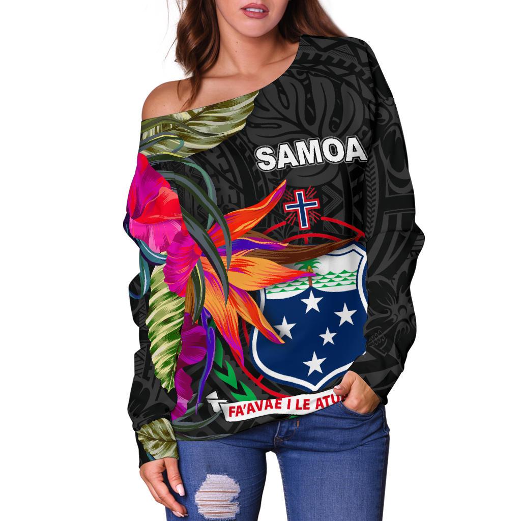 Samoa Women's Off Shoulder Sweater - Polynesian Hibiscus Pattern - Polynesian Pride