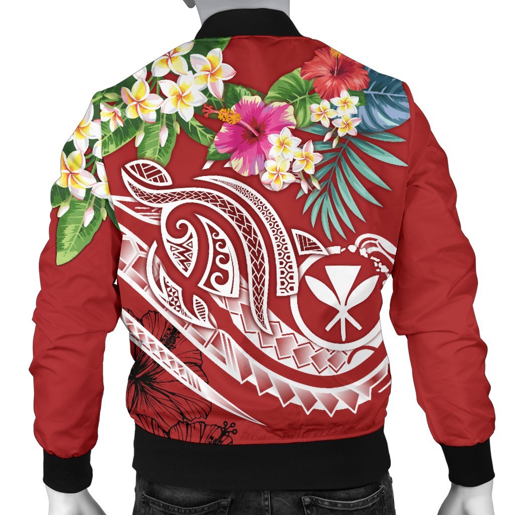 Polynesian Hawaii Kanaka Maoli Men's Bomber Jacket - Summer Plumeria (Red) - Polynesian Pride