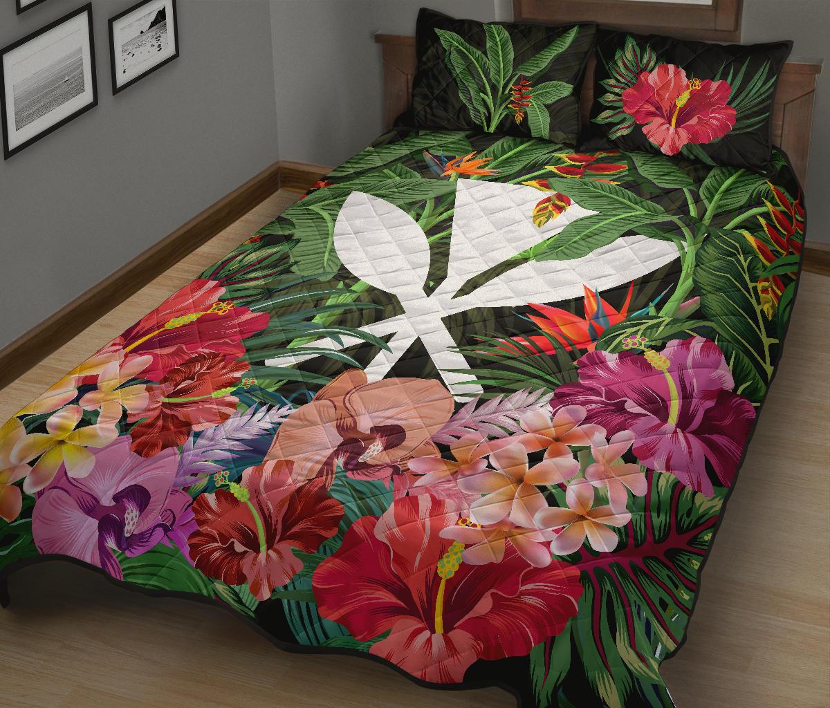 Kanaka Maoli ( Hawaiian) Quilt Bed Set - Coat Of Arms Tropical Flowers And Banana Leaves - Polynesian Pride