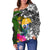 Nauru Off Shoulder Sweater - Turtle Plumeria Banana Leaf Crest - Polynesian Pride