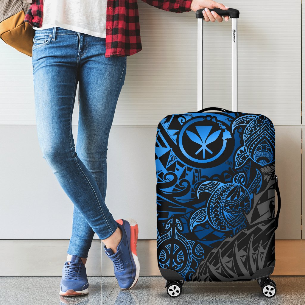 Polynesian Hawaii (Kanaka Maoli) Luggage Cover - Blue Hibiscus Turtle Flowing - Polynesian Pride
