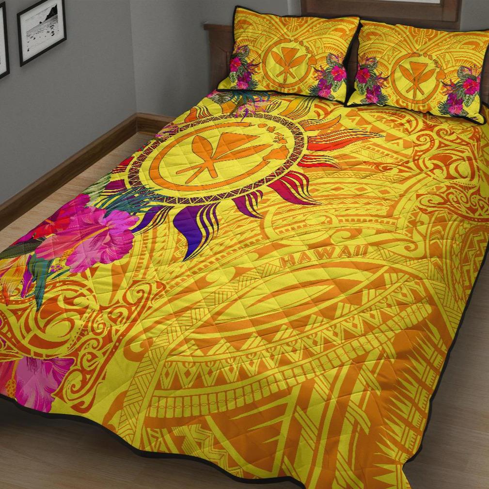 Polynesian Hawaii Kanaka Maoli Quilt Bed Sets - Flowers & Polynesian Patterns Yellow - Polynesian Pride