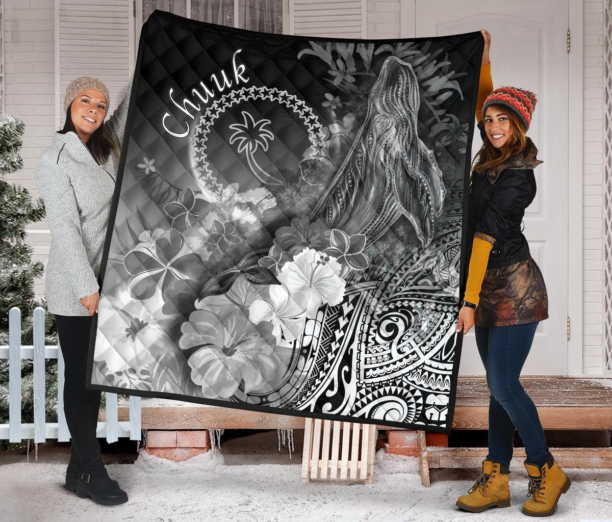 Chuuk Premium Quilt - Humpback Whale with Tropical Flowers (White) - Polynesian Pride