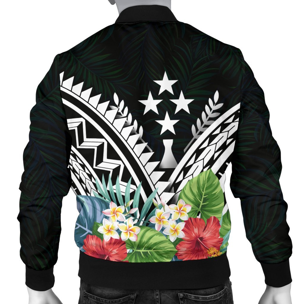Kosrae Men's Bomber Jacket - Kosrae Coat of Arms & Polynesian Tropical Flowers White - Polynesian Pride
