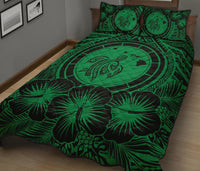 Hawaiian Map Honu Hibiscus Green Polynesian Quilt Bed Set - Polynesian Pride