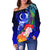 Vanuatu Women's Off Shoulder Sweater - Humpback Whale with Tropical Flowers (Blue) - Polynesian Pride