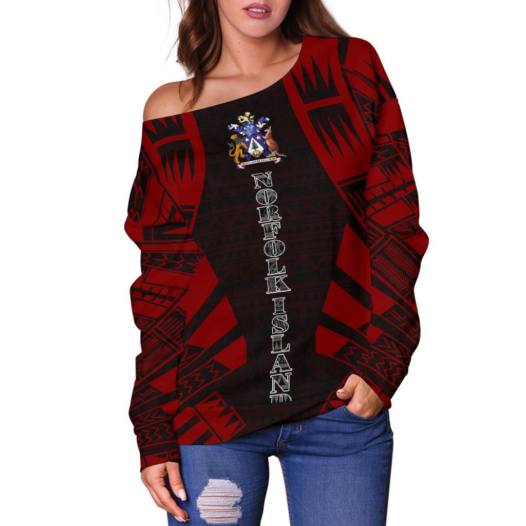 Norfolk Island Women's Off Shoulder Sweater - Polynesian Tattoo Red - Polynesian Pride