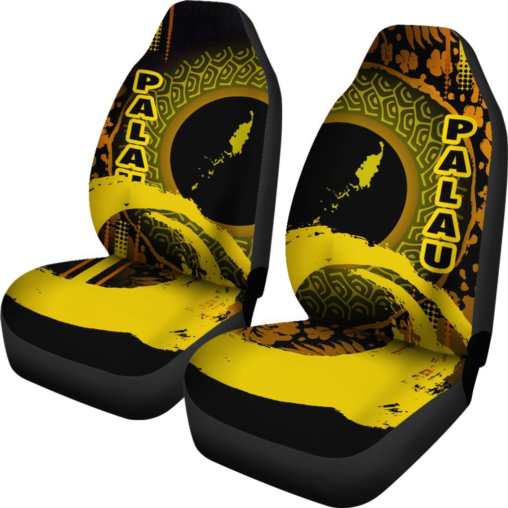 Palau Car Seat Covers - Palau Map Hibiscus And Wave Yellow - K6 Universal Fit Yellow - Polynesian Pride