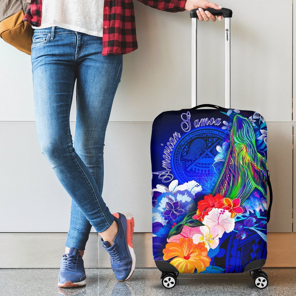 American Samoa Polynesian Luggage Covers - Humpback Whale with Tropical Flowers (Blue) Blue - Polynesian Pride