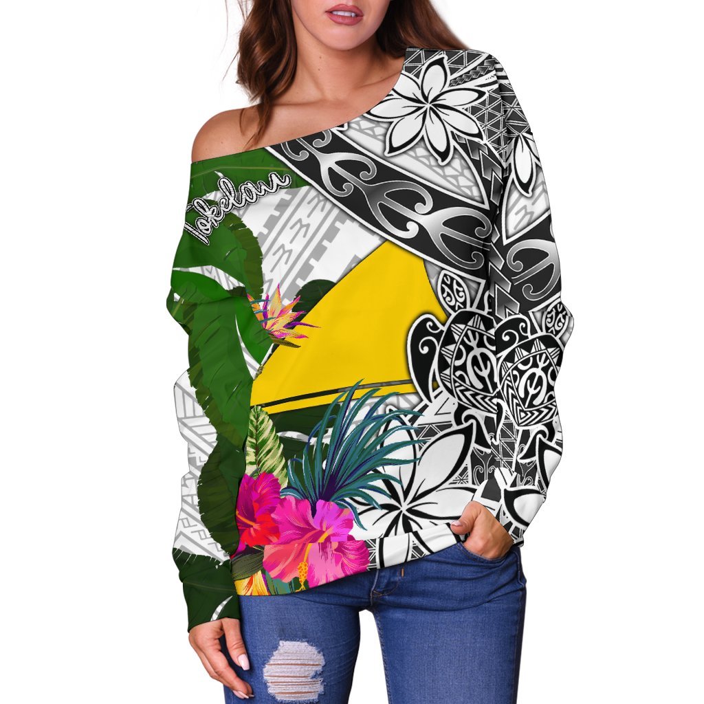 Tokelau Women's Off Shoulder Sweater White - Turtle Plumeria Banana Leaf - Polynesian Pride