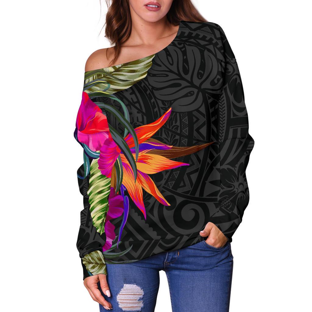 Polynesian Women's Off Shoulder Sweater - Hibiscus Pattern - Polynesian Pride