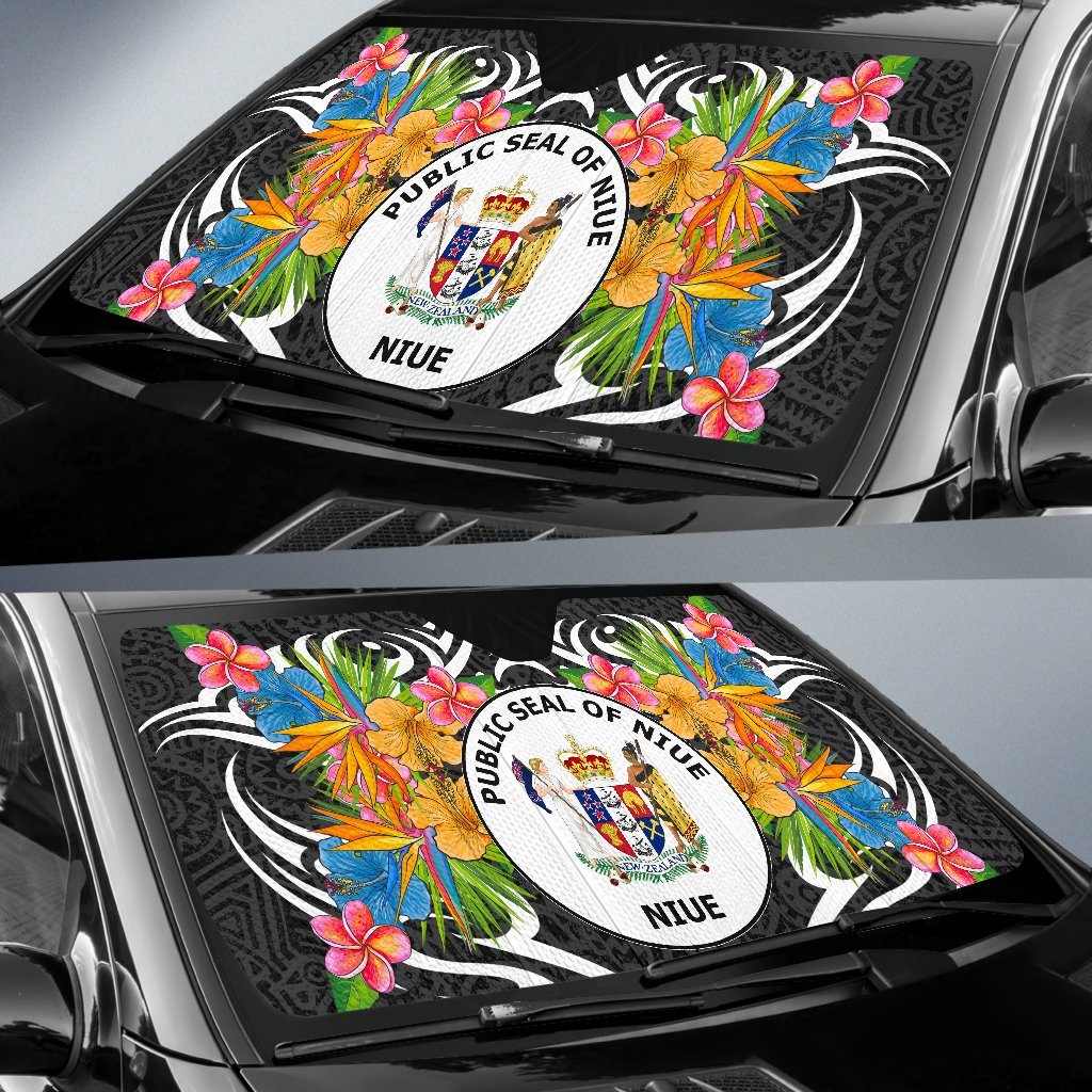 Niue Auto Sun Shades - Coat Of Arms With Tropical Flowers - Polynesian Pride