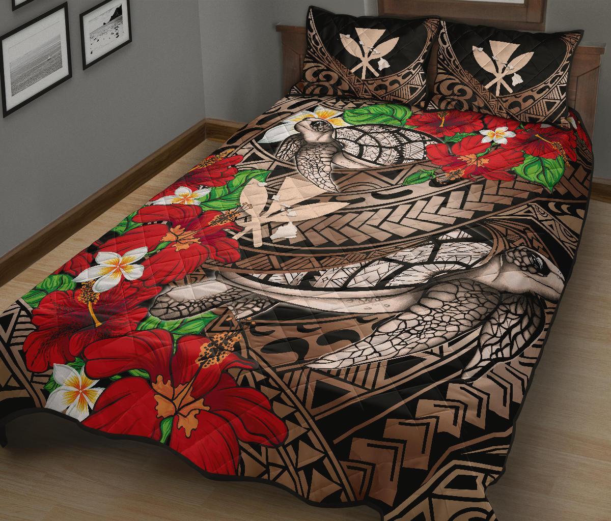 Kanaka Maoli (Hawaiian) Quilt Bed Set - Waves Polynesian Turtle Hibiscus - Polynesian Pride