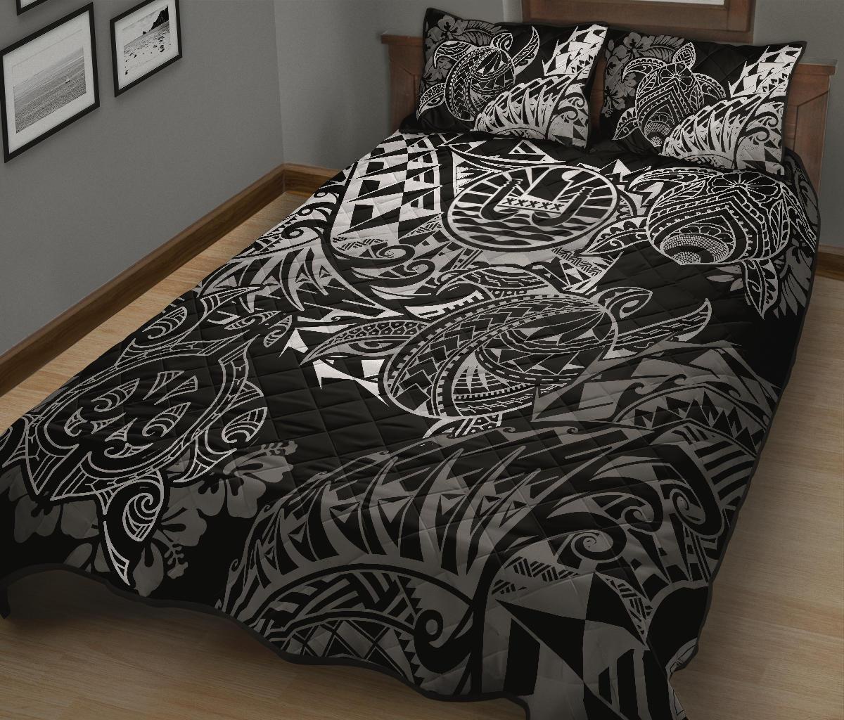 Tahiti Polynesian Quilt Bed Set - White Turtle Hibiscus Flowing - Polynesian Pride