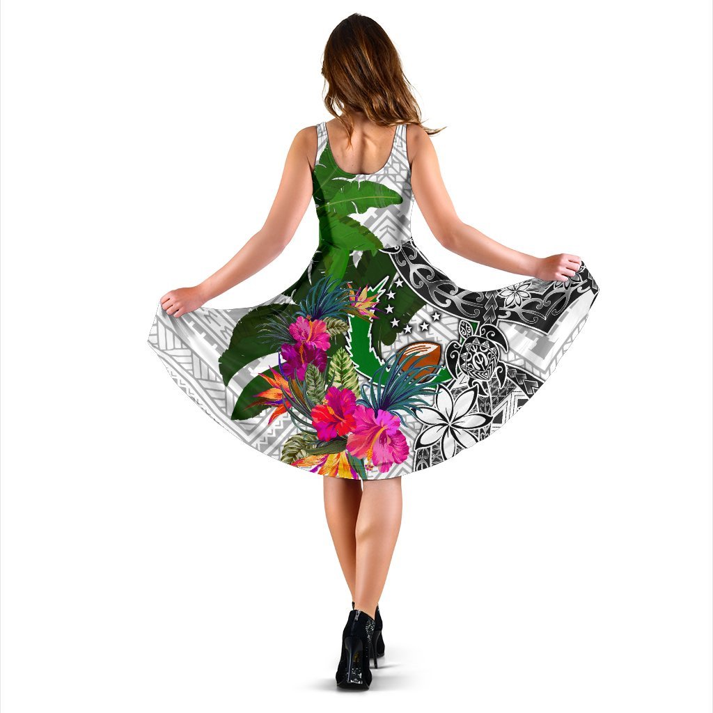 Pohnpei Midi Dress White - Turtle Plumeria Banana Leaf - Polynesian Pride