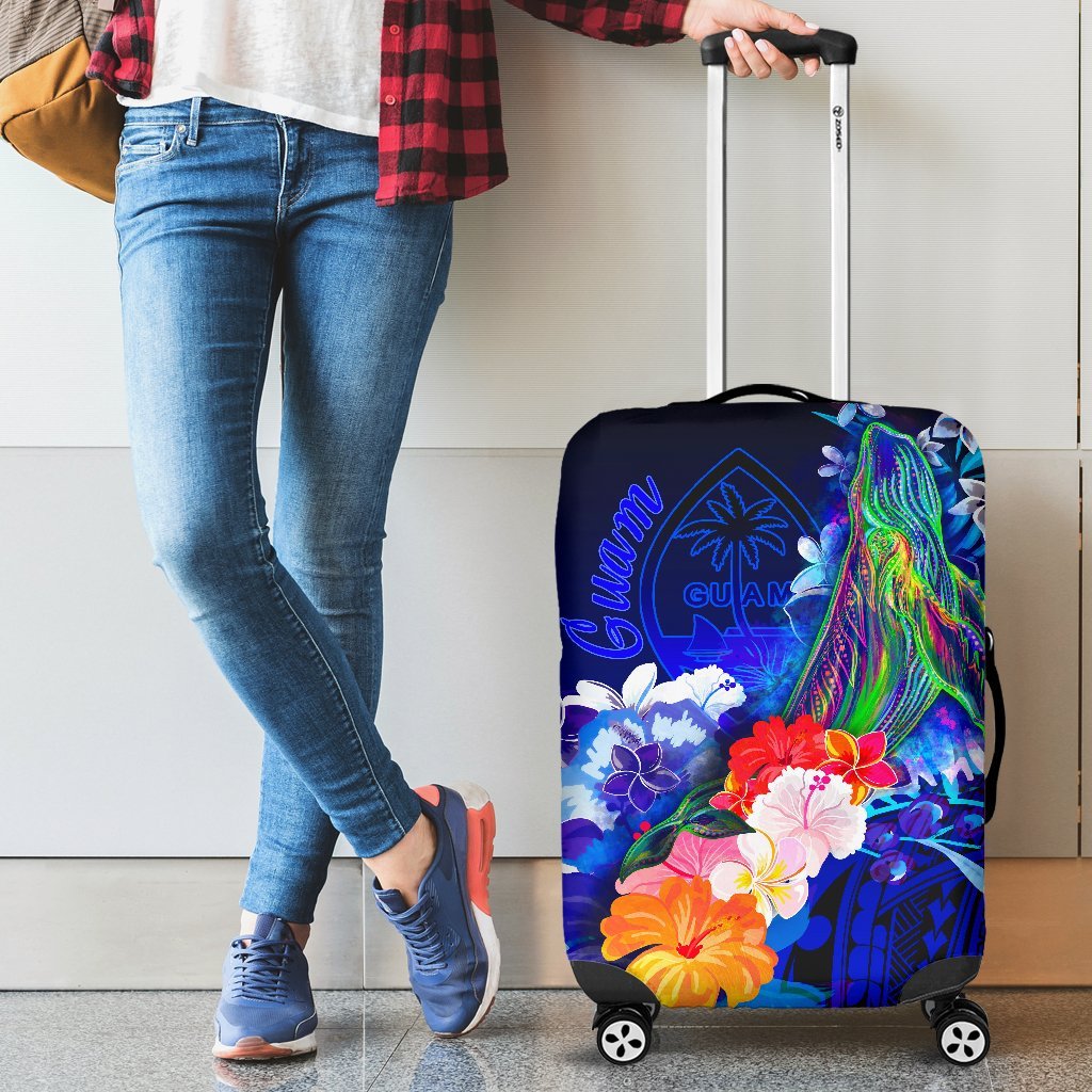 Guam Luggage Covers - Humpback Whale with Tropical Flowers (Blue) Blue - Polynesian Pride